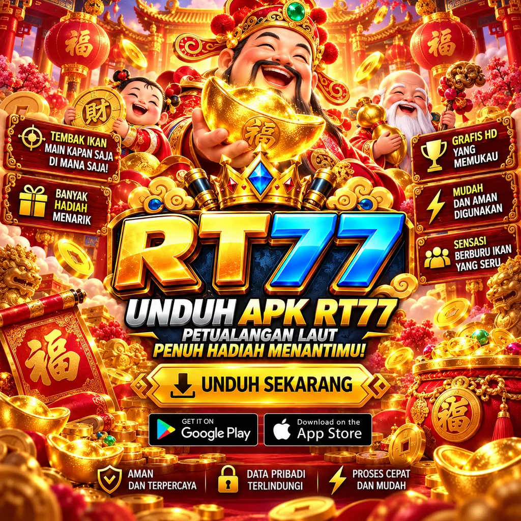 RT77 APK dengan tema dewa keberuntungan, koin emas, ingot dan tombol unduh.